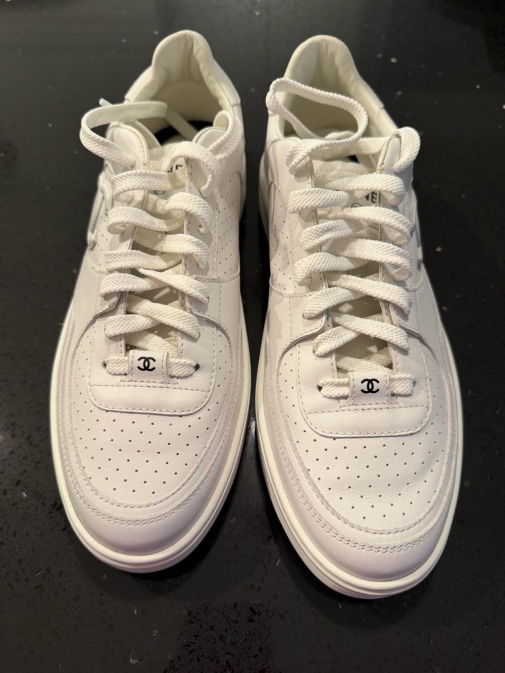 CHANEL White Leather Low-Top Sneakers with CC Accent
